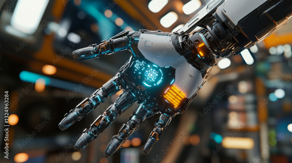 Poster virtual and augmented reality in the first person. human hand in virtual reality like a robot. techn