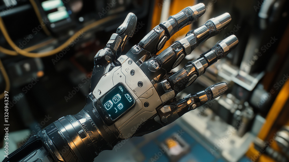 Poster virtual and augmented reality in the first person. human hand in virtual reality like a robot. techn