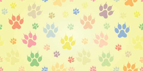Colorful Cat Footprints Background - Colored Large and Small Paws with Claws on Yellow Gradient Rectangular Background.