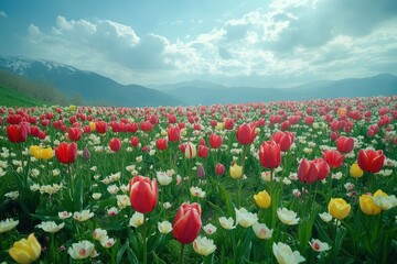 Colorful tulip field stretches under a bright sky with mountains in the background during springtime in a rural landscape