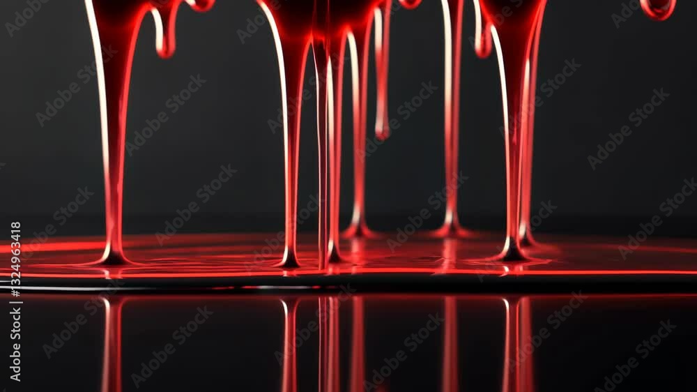 Poster Red liquid dripping and pooling on black surface with reflections