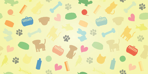Colorful Pet Shop Background - Colored Silhouettes of Pets and Pet Shop Items on Yellow Gradient Rectangular Background.