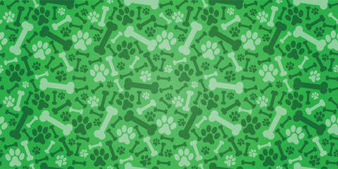 Dog Bones and Footprints Background - Messy Bones and Paws, Large and Small, White and Green on Green Rectangular Background.