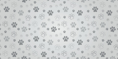 Pet Footprints Background - Contoured, Filled, Large and Small Paws with Gradient in White and Gray Tones. Rectangular Background.