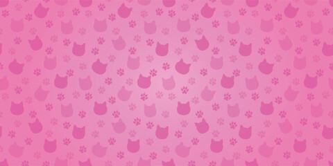 Pink Cats Background - Pink Silhouettes of Cat Heads and Footprints. Cute Rectangular Background.