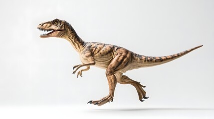 Naklejka premium Side profile of Velociraptor running at full speed, its legs extended and tail trailing behind, on a simple neutral backdrop