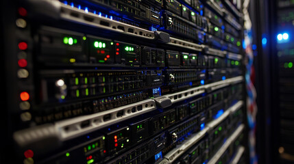 Naklejka premium Data center or digital storage. Server rack with glowing lights. Abstract tech background of cloud computing, networking technology. Data stream processed and warehouse by server. Conceptual banner.