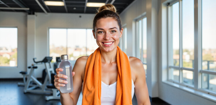 Cheerful woman with orange towel in modern gym - perfect for fitness center marketing, wellness blogs, sports motivation content, and healthy lifestyle promotions