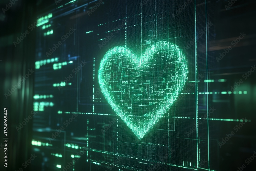 Poster digital heart animation showcased in a vibrant futuristic green code visualization for advanced tech