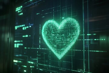Digital Heart Animation Showcased in a Vibrant Futuristic Green Code Visualization for Advanced Technologies