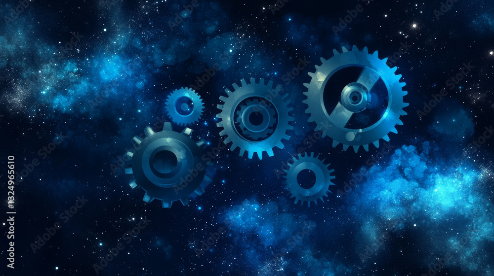 Poster a gearing composed of polygons. low poly vector illustration of a starry sky or comos. the gears con