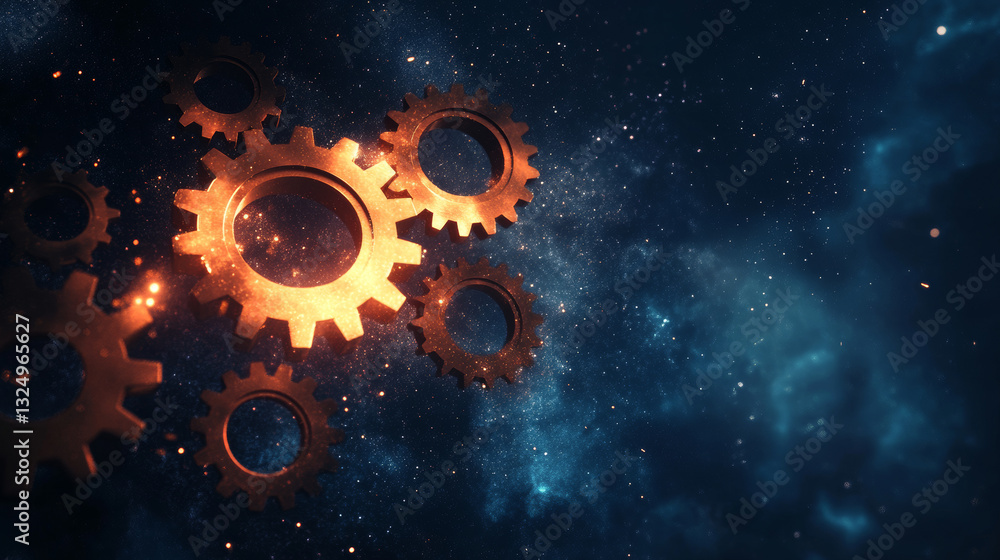 Aufkleber a gearing composed of polygons. low poly vector illustration of a starry sky or comos. the gears con