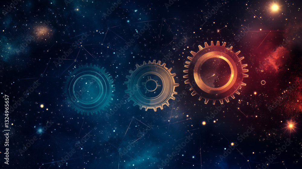 Poster a gearing composed of polygons. low poly vector illustration of a starry sky or comos. the gears con