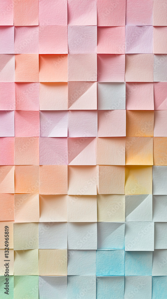 Poster pastel-colored square papers arranged in a grid, creating a gradient effect from pink to blue, showc