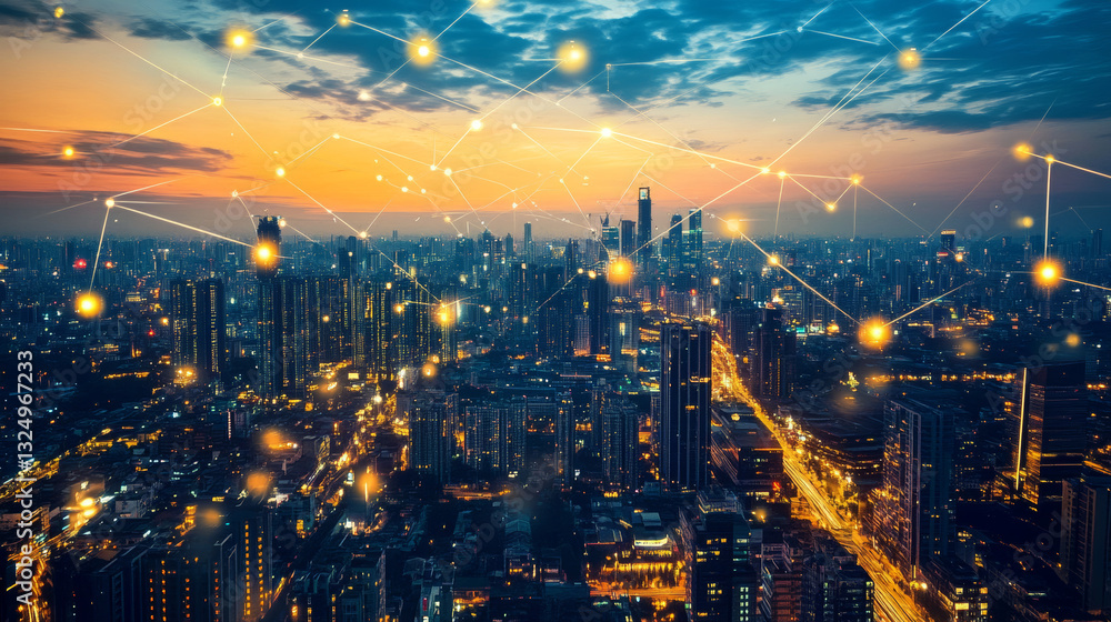 Poster smart city communication with global network and urban infrastructure. wireless connection technolog