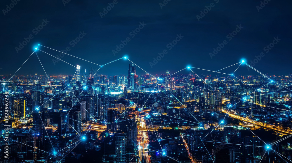 Poster smart city communication with global network and urban infrastructure. wireless connection technolog