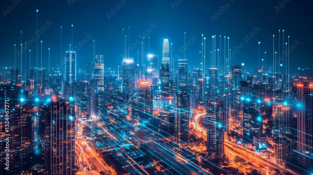 Poster ai controls smart city infrastructure. artificial intelligence analyze big data urban systems. abstr