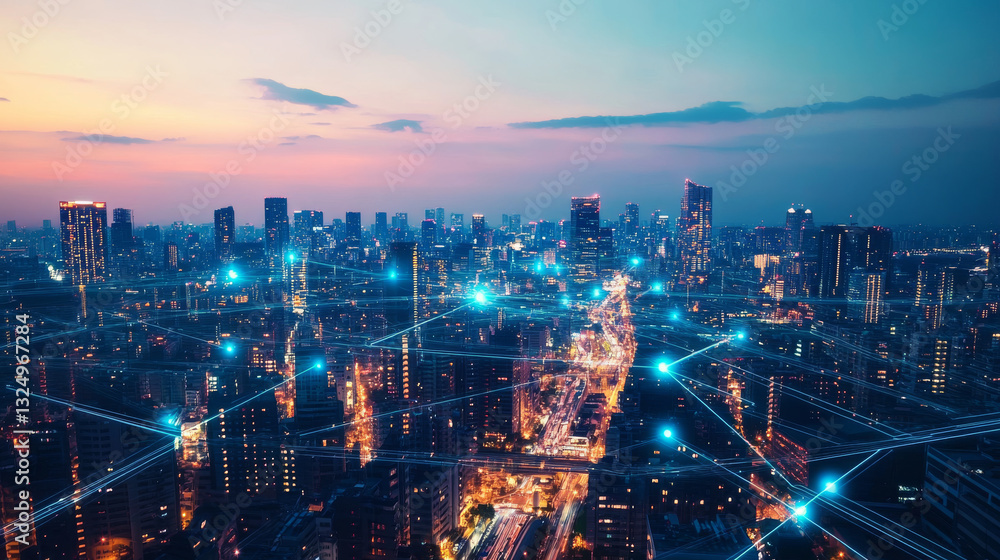 Poster ai controls smart city infrastructure. artificial intelligence analyze big data urban systems. abstr