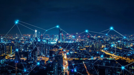 Smart City communication with global network and urban infrastructure. Wireless connection technology in lifestyle social medium. Communication Network transmit Information through internet of Things.