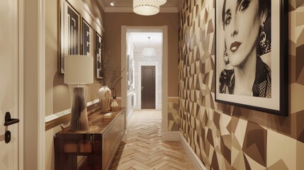 A long narrow hallway with decorative features and a portrait