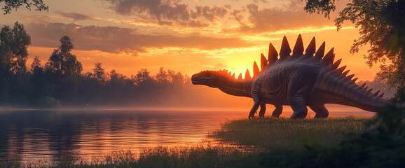 Silhouette of large dinosaur by lake at sunset, showcasing prehistoric wildlife and serene nature scene. Evokes themes of ancient history, extinction, and the beauty of nature.