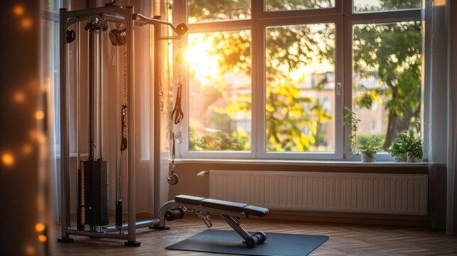 Fototapeta Fitness Room with Equipment and Natural Light from Sunrise