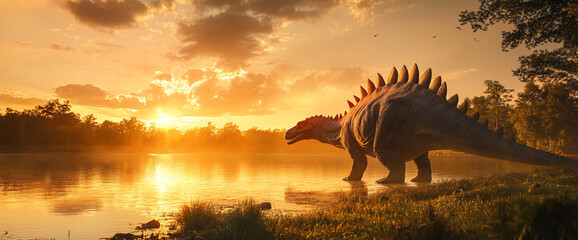 Stegosaurus by lake at sunset, prehistoric scene digitally rendered, showcasing a majestic dinosaur silhouette against a warm, golden sky, symbolizing ancient history and natural beauty
