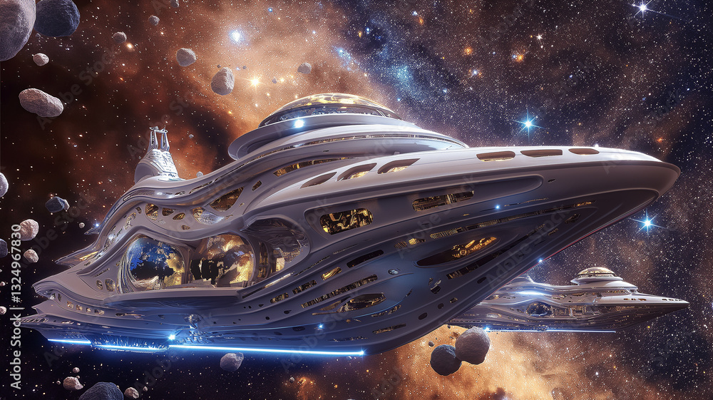 Poster this luxurious space hotels are set against a backdrop of asteroids, providing unique zero gravity s