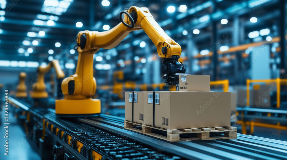 Aufkleber ai management work robots on factory or warehouse. ai in image humanoid robot arm or hand puts boxes