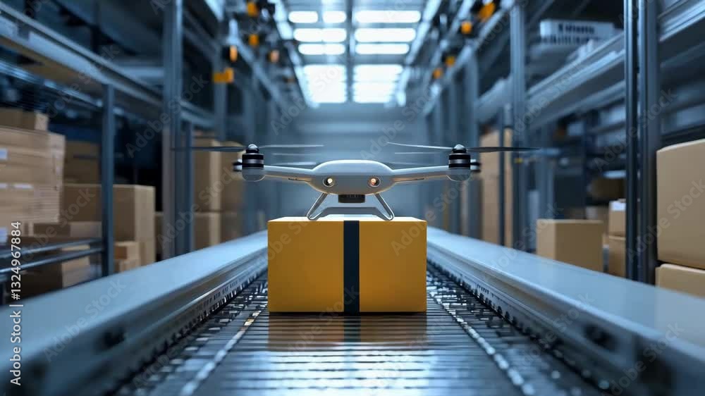 Poster a drone efficiently delivers a package on a conveyor belt inside a busy warehouse setting
