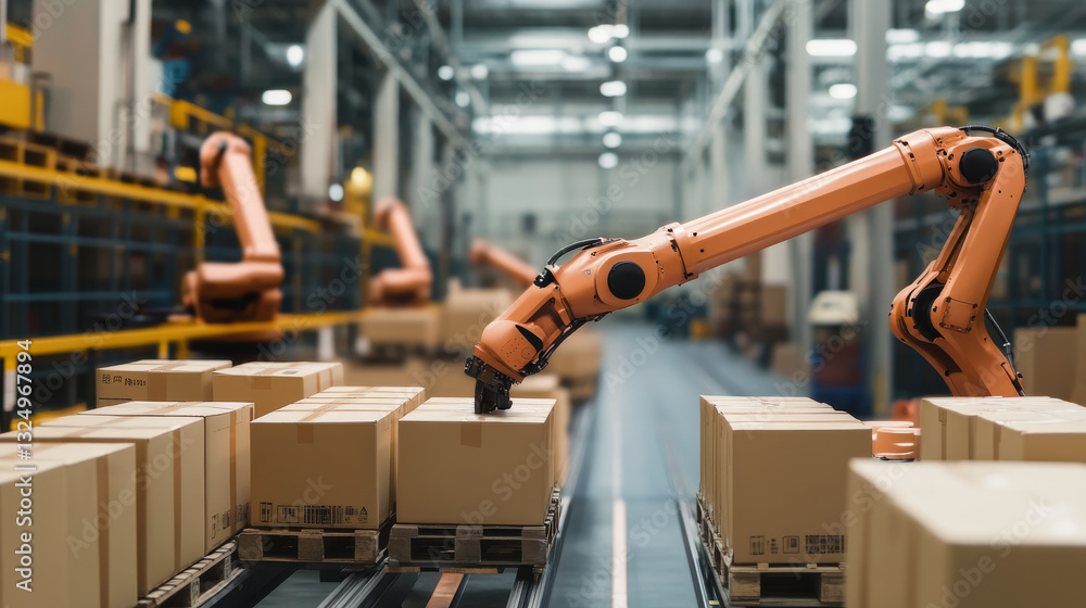 Poster ai management work robots on factory or warehouse. ai in image humanoid robot arm or hand puts boxes