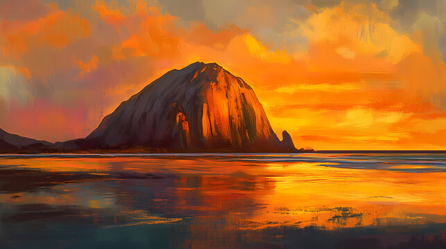Dramatic sunset casts a warm golden glow on morro rock, a iconic volcanic formation standing majestically. Volcanic Glow. Illustration