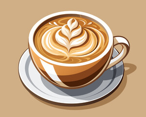 cup of hot cappuccino with latte art, on a warm beige background.