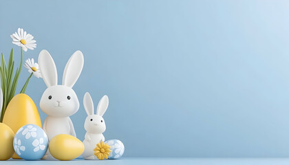 Obraz premium Easter bunnies and eggs on a pastel blue background