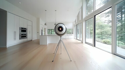 Modern White Home Interior With Innovative 3D Camera On Tripod Hardwood Floors And Large Windows With Natural Light