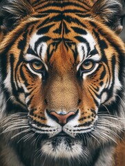 Fototapeta premium Close-up portrait of a tiger with striking eyes and detailed fur set against a blurred background
