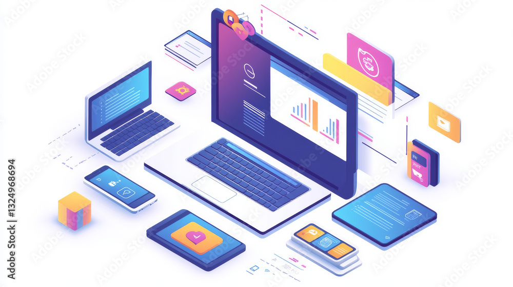 Poster conceptual illustration digital technology. hanging smart phone, tablet, laptop. porting programs to