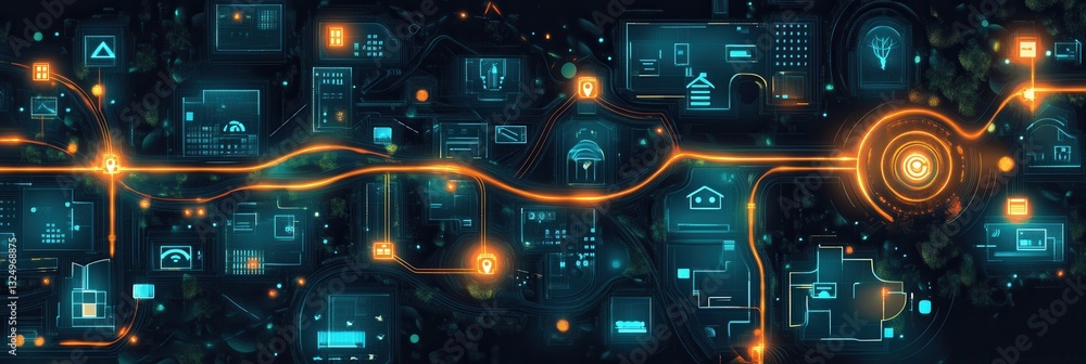Fototapete futuristic digital city map showcasing delivery icons and tracking routes with a highlighted path to