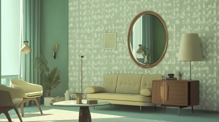 A minimalist modern living room with soothing green tones