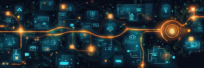 Fototapeta premium Futuristic digital city map showcasing delivery icons and tracking routes with a highlighted path to home