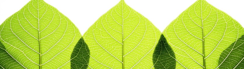 Obraz premium Three green leaves overlap on white background. Use nature, eco, spring