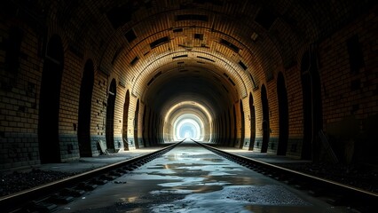 Mysterious railway tunnel with a bright light at the end, showcasing brick architecture and an intriguing perspective.   