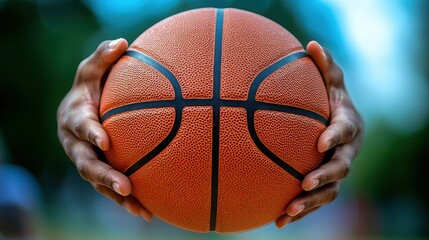 Basketball held by a player showcasing skill and anticipation on a sunny day in a park setting
