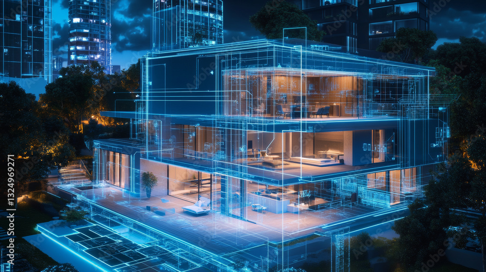Poster smart house system programming software. engineering development of building construction, communica