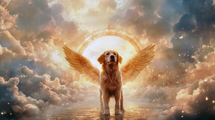 A white dog with angelic wings confidently walks along a bridge amidst vibrant clouds. The sun glows brightly behind, creating a magical, otherworldly atmosphere.