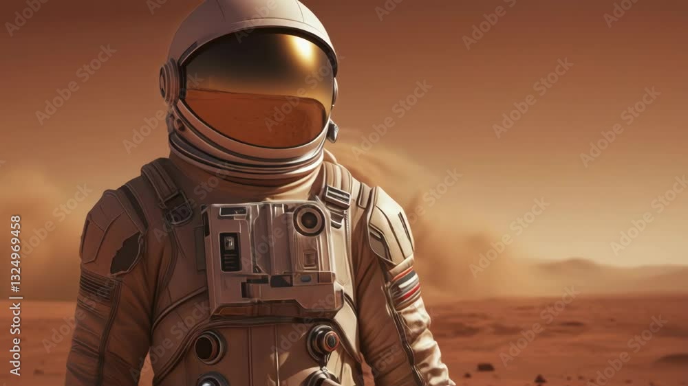 Poster man in spacesuit on mars during dust storm video footage. exploring red planet, future space travel 