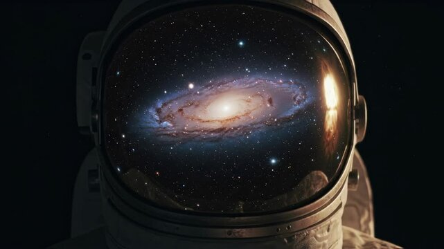 Man in astronaut helmet with galaxy reflection in visor motion picture. Exploring cosmos, interstellar travel concept video footage, interstellar, space exploration clip.