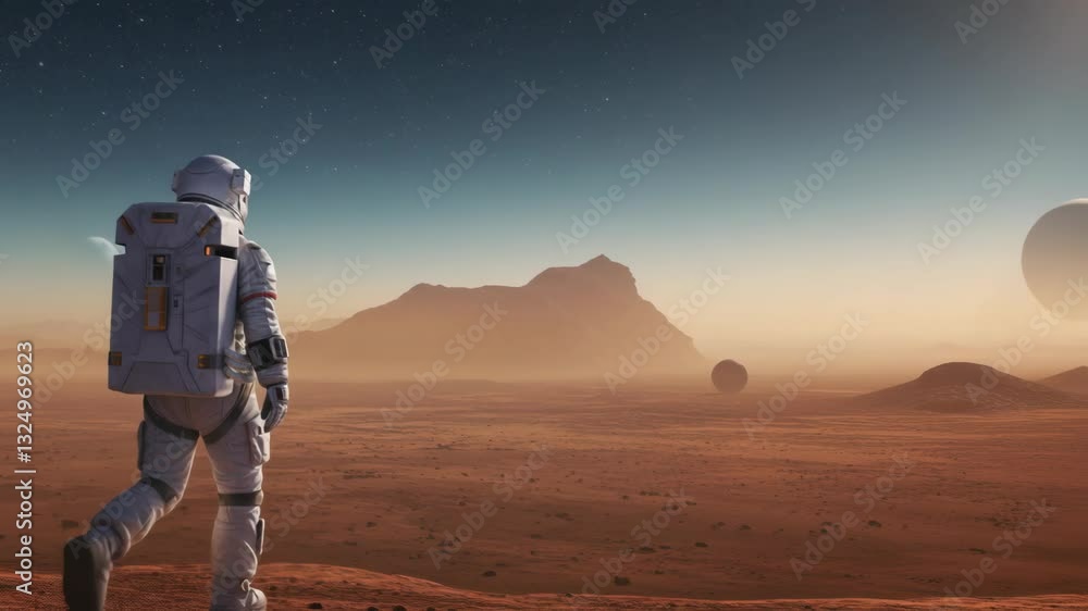 Poster astronaut on mars looking at earth footage. caucasian man on mars surface and earth planet backgroun