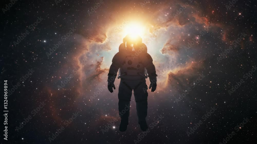 Aufkleber man in astronaut suit floating in space with sunlight flares video. exploring cosmos clip in zero gr