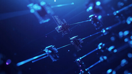 Abstract 3d satellites in space. Global internet communications, satellite network concept. Vector mesh illustration of satellites and Earth looks like starry sky. Low poly wireframe isolated in blue
